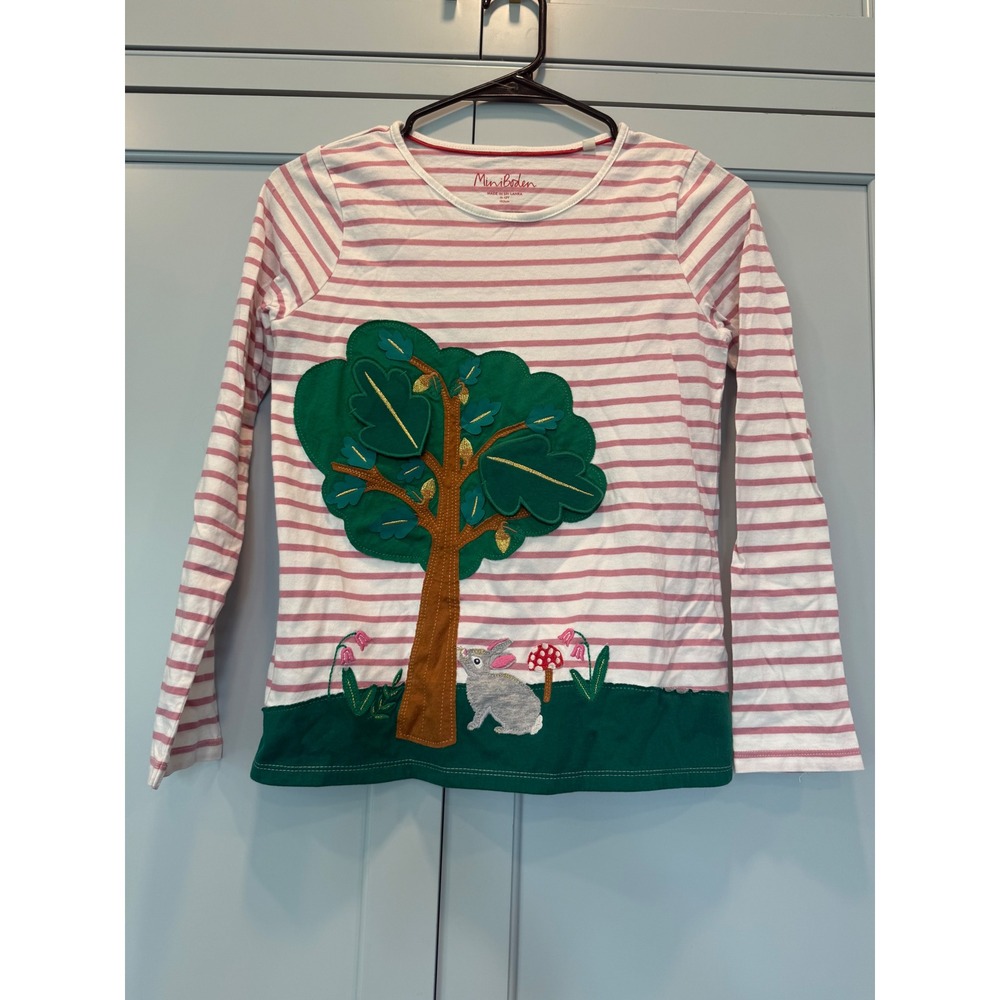 Mini Boden Girls Pink Striped Woodland Tree Lift the Flap Shirt Size 11-12Y